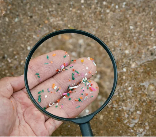 Sur le sable au bord de l’eau, une personne scrute des microparticules de plastique à la loupe.