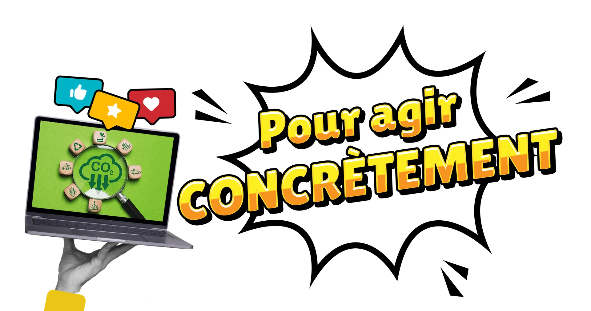 Une main tenant un portable avec des icônes de médias sociaux, sur fond de bandes verticales colorées.