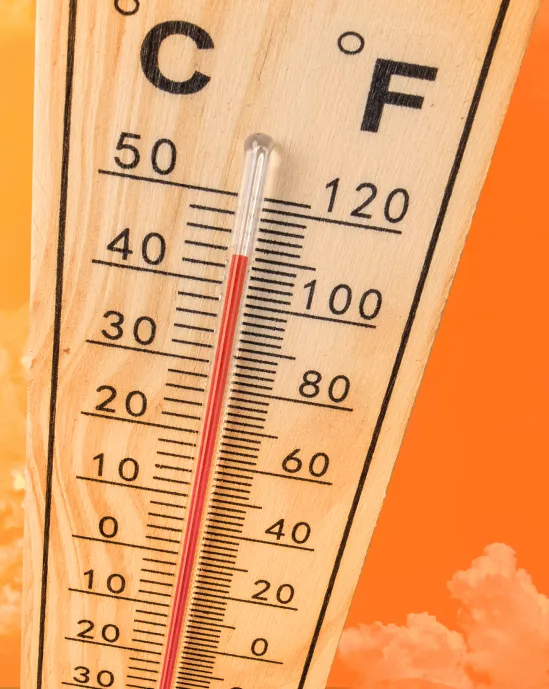 Un thermomètre au mercure qui affiche 43 degrés Celsius ou 110 degrés Fahrenheit.