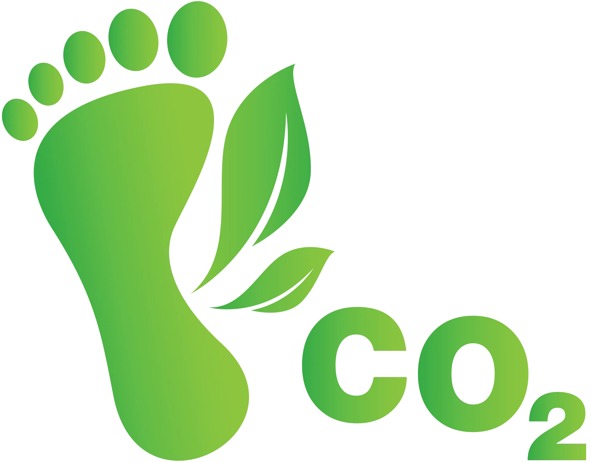 Une illustration représentant une empreinte écologique stylisée en vert. L'empreinte est accompagnée de feuilles sur le côté et des lettres "CO₂" en bas, symbolisant la réduction de l'empreinte carbone.