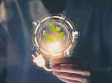 Une main tenant une ampoule électrique allumée dans laquelle pousse une plante verte, avec une prise électrique au bout. Elle est entourée de symboles : éoliennes, maison, goutte d’eau, recyclage, prise électrique.