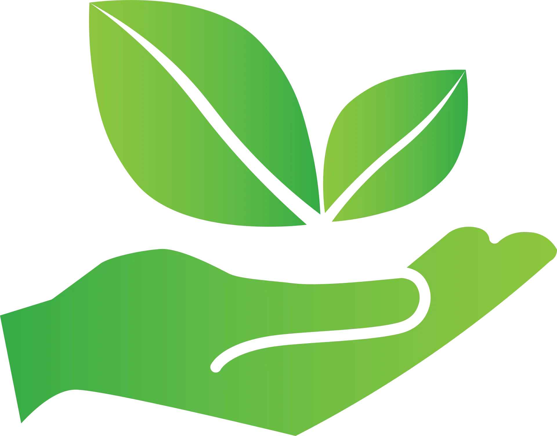 Une silhouette verte d’une main en coupe au-dessus de laquelle flottent deux feuilles végétales.