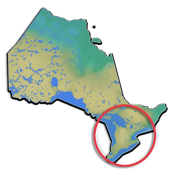 Un découpage géographique de l’Ontario où la pointe du sud est encerclée en rouge.