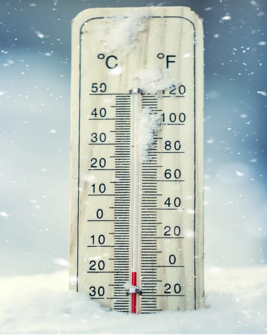 Un thermomètre au mercure planté dans la neige indiquant moins 20 degrés Celsius ou moins 4 degrés Fahrenheit.