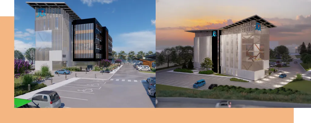 À la gauche: Un bâtiment au design moderne et son stationnement en été. À la droite: Un bâtiment au design moderne et son stationnement surplombés d’un coucher de soleil.